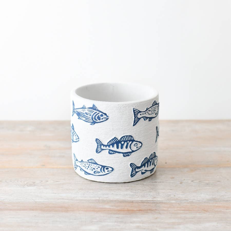 Blue & White Fish Design Planter, 14cm