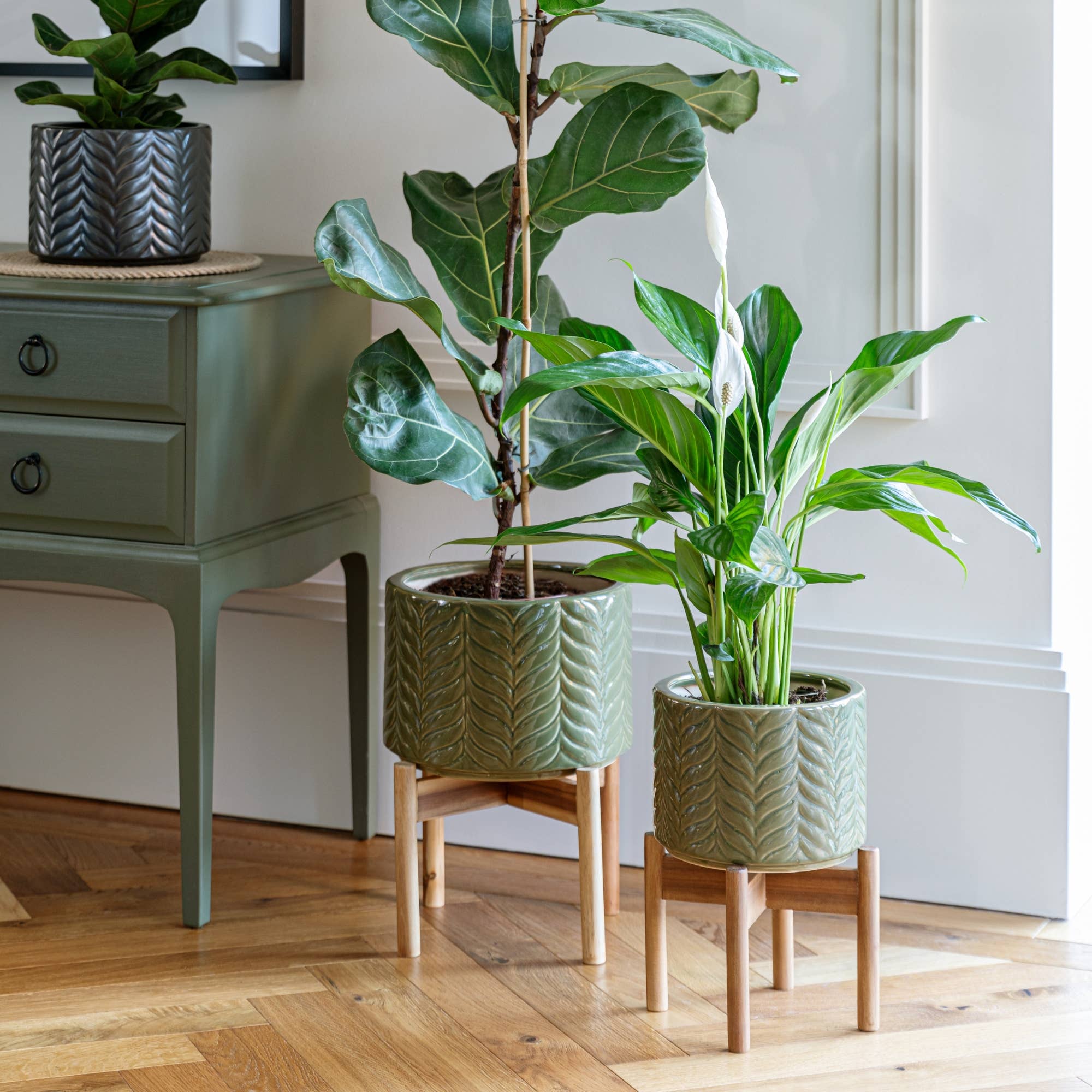 Aspen Glazed Ceramic Indoor Planter with Wooden Stand