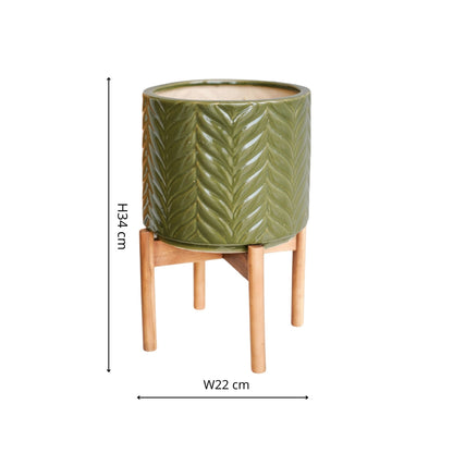 Aspen Glazed Ceramic Indoor Planter with Wooden Stand