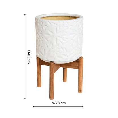 Aspen Glazed Ceramic Indoor Planter with Wooden Stand