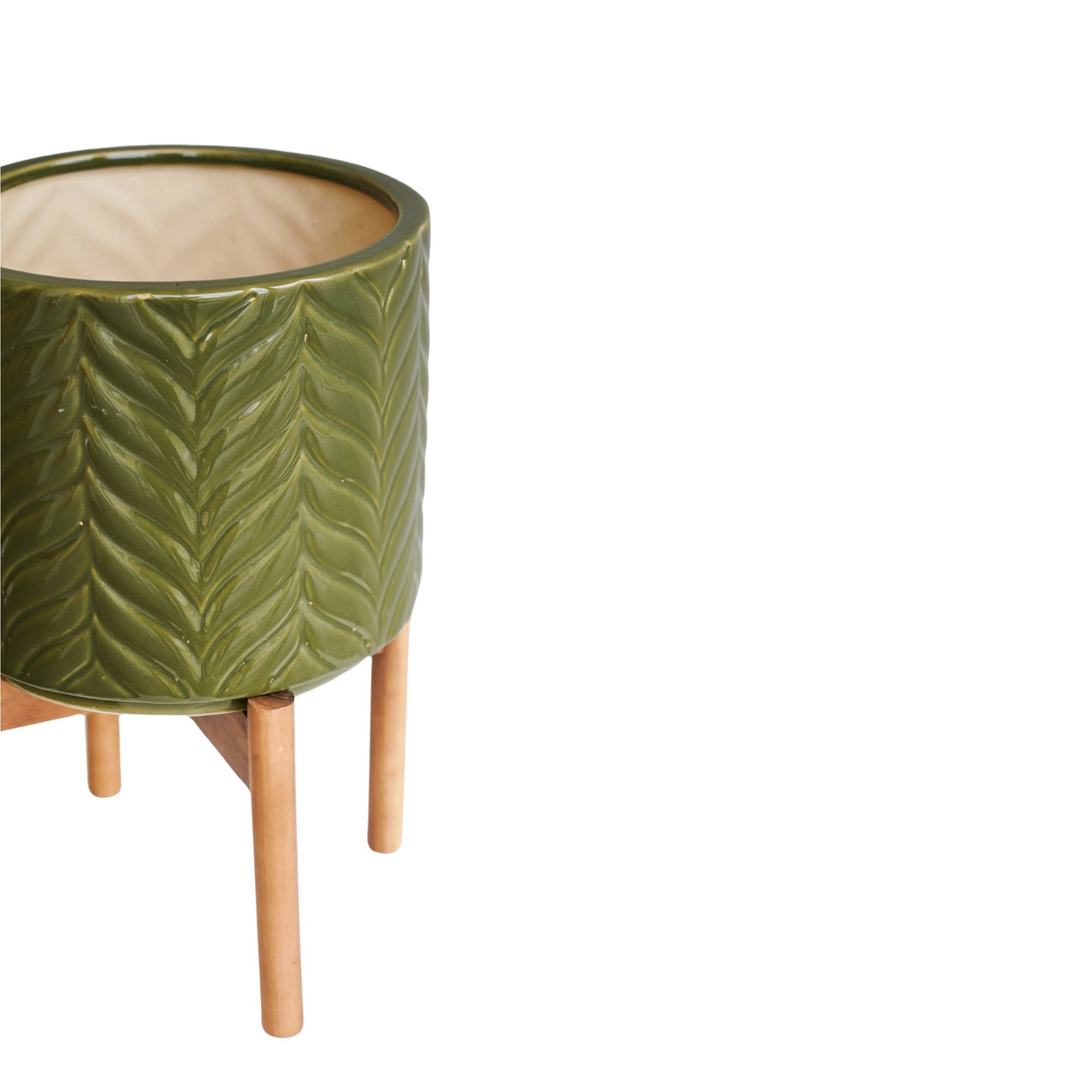 Aspen Glazed Ceramic Indoor Planter with Wooden Stand