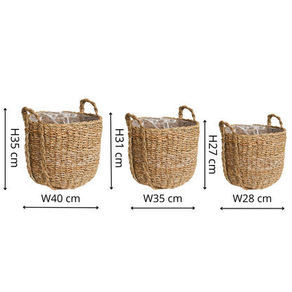 Tenno Natural Seagrass Indoor Lined Basket Planter Set of 3