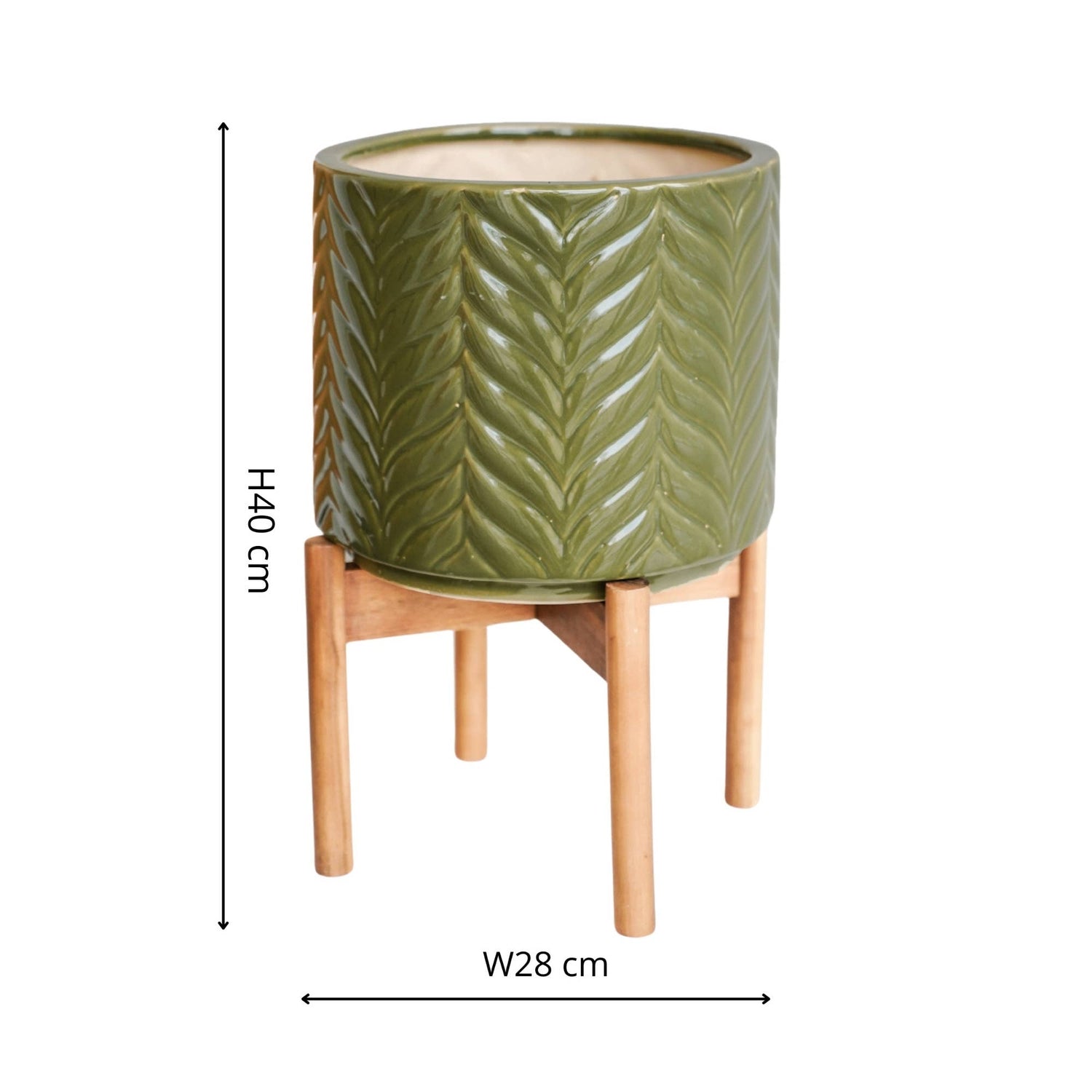 Aspen Glazed Ceramic Indoor Planter with Wooden Stand